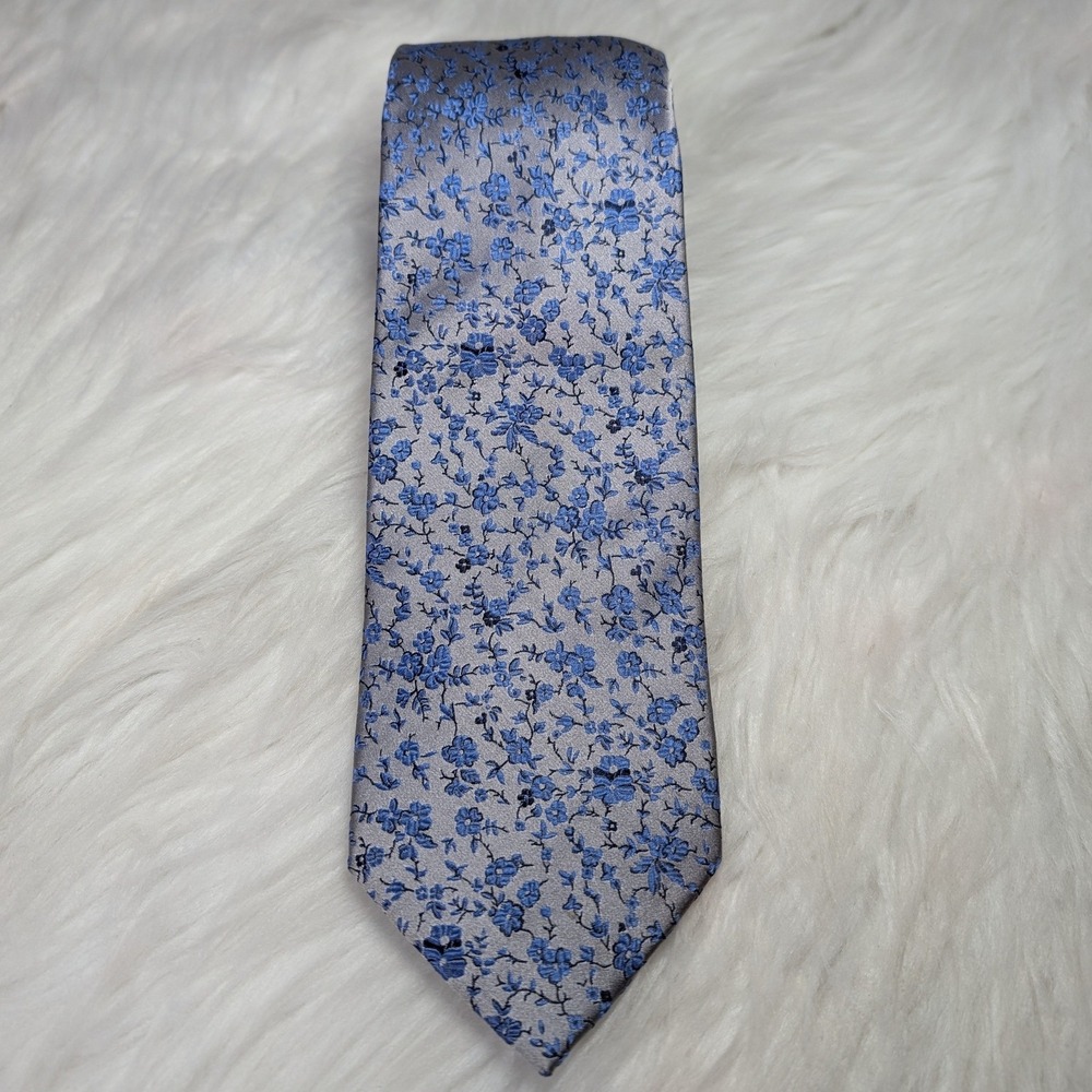Haines & Bonner Necktie Mens OS Silver Blue Floral Silk Classic London Tie